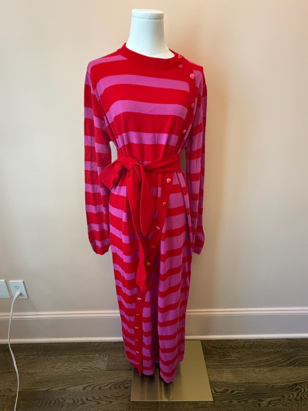 Karavan Pink & Red Striped Wool Blend Button Front Midi Dress – Size S/M